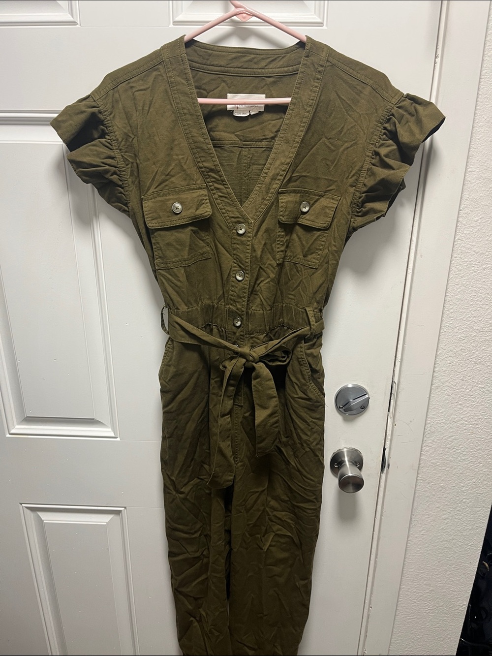Anthropologie Olive Utility Belted Jumpsuit